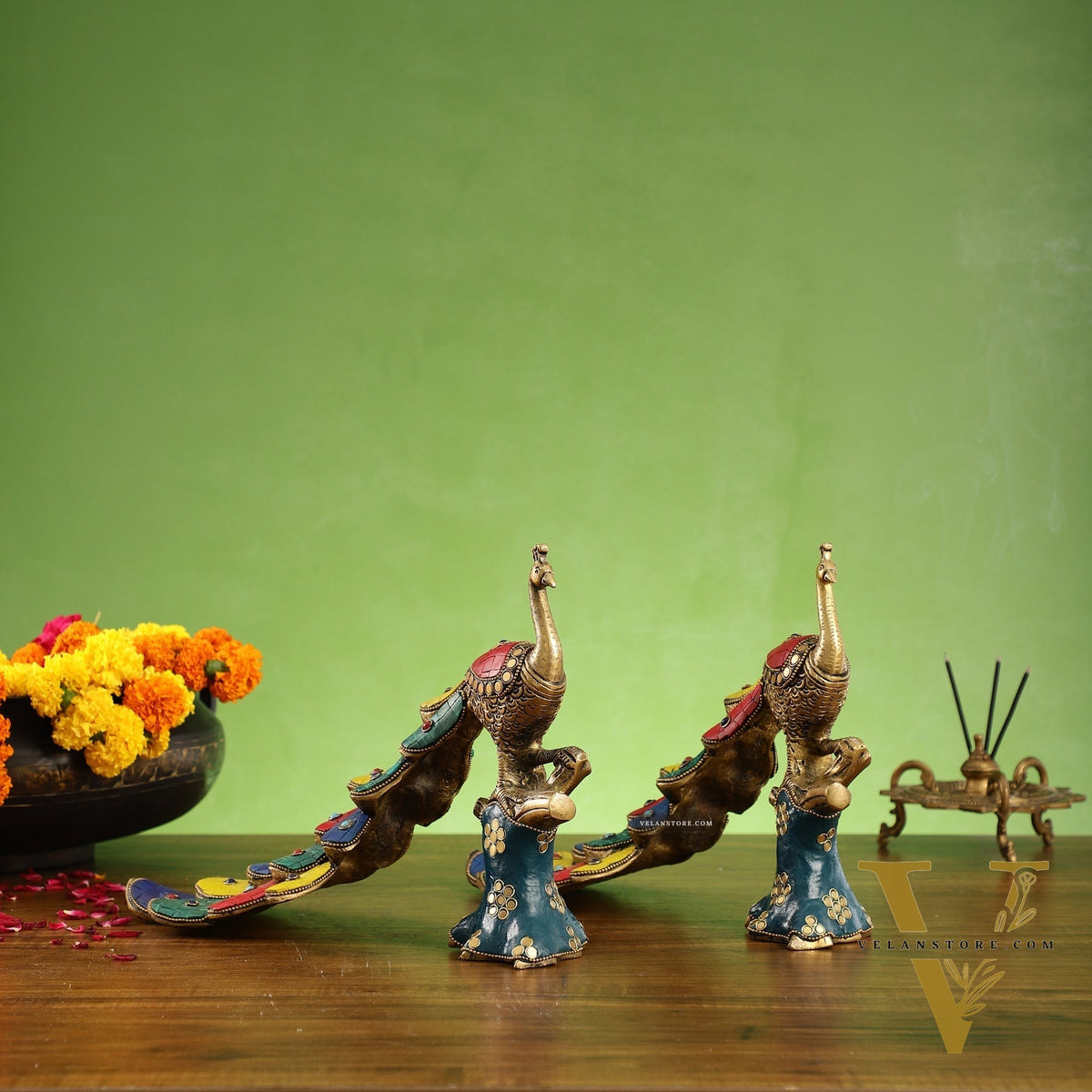 Brass peacock showpiece 12 inch multicolour stonework