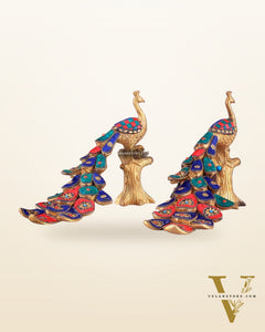 Brass peacock showpiece 12 inch multicolour stonework