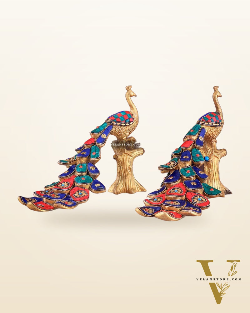 Brass peacock showpiece 12 inch multicolour stonework