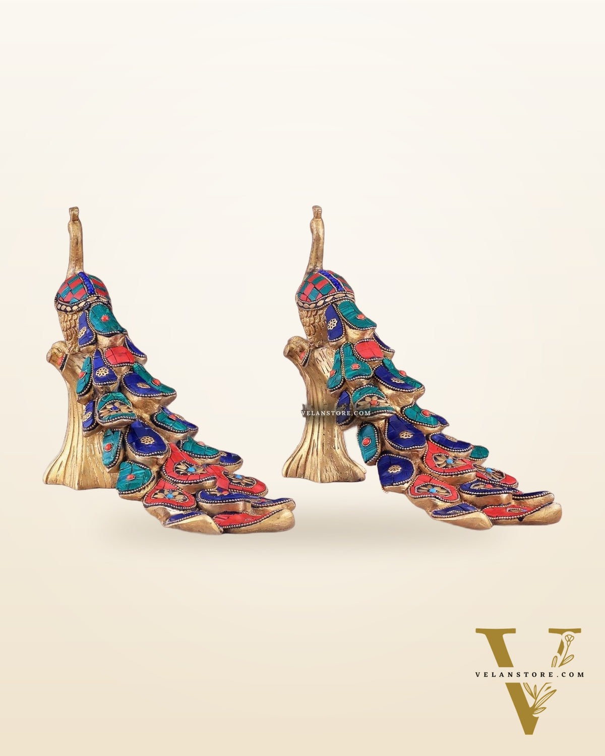 Brass peacock showpiece 12 inch multicolour stonework