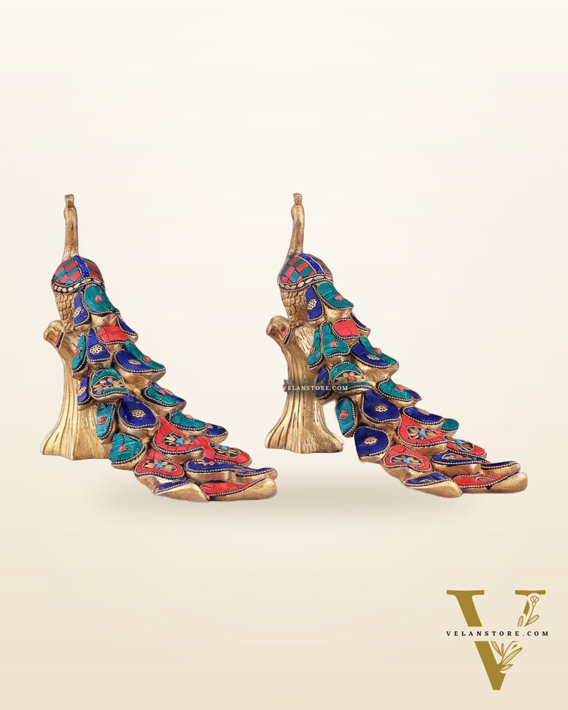 Brass peacock showpiece 12 inch multicolour stonework