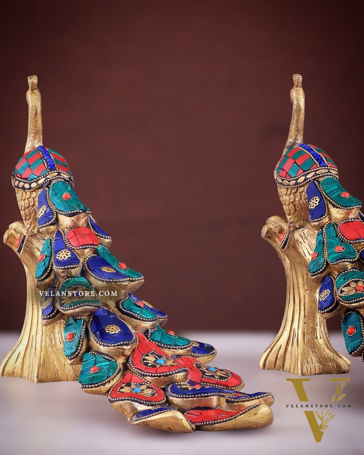 Brass peacock showpiece 12 inch multicolour stonework