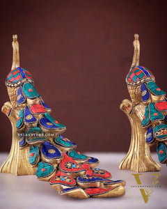 Brass peacock showpiece 12 inch multicolour stonework