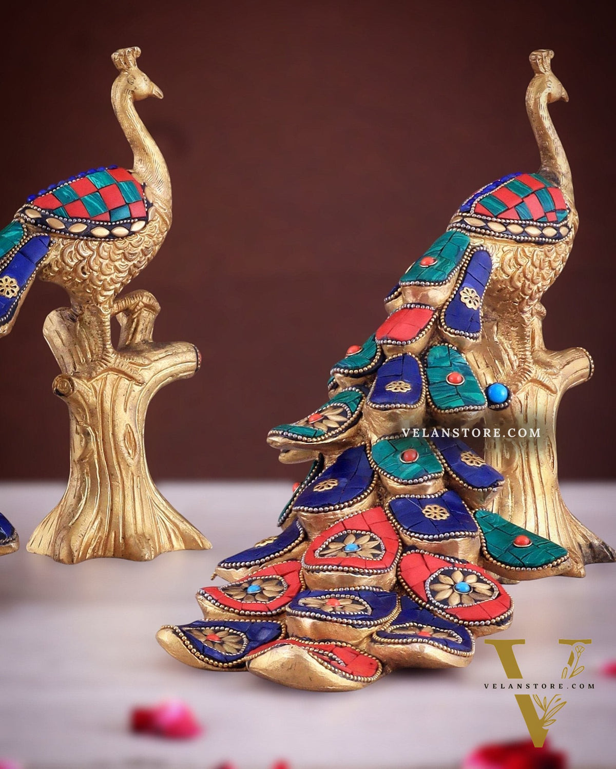 Brass peacock showpiece 12 inch multicolour stonework