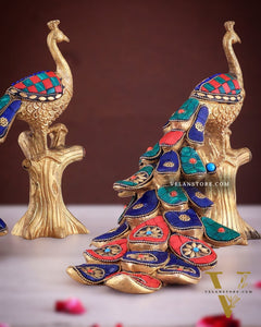 Brass peacock showpiece 12 inch multicolour stonework