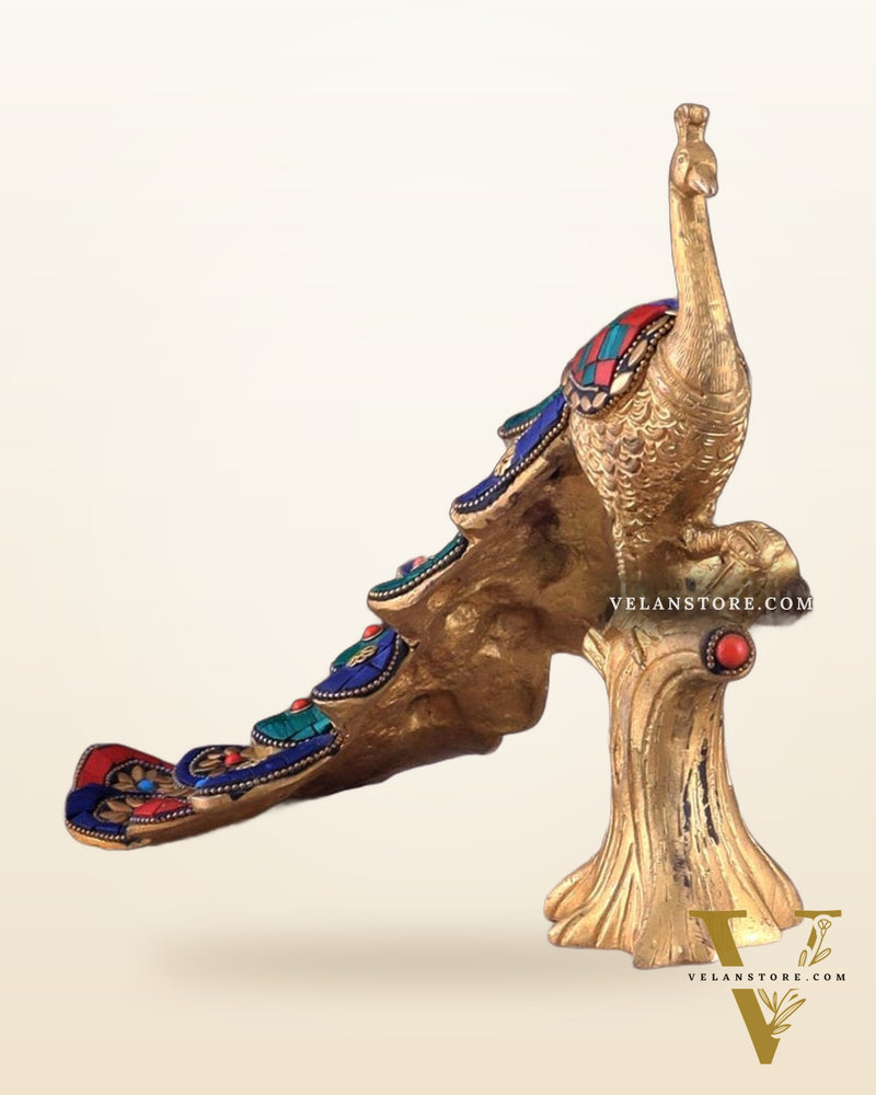 Brass peacock showpiece 12 inch multicolour stonework
