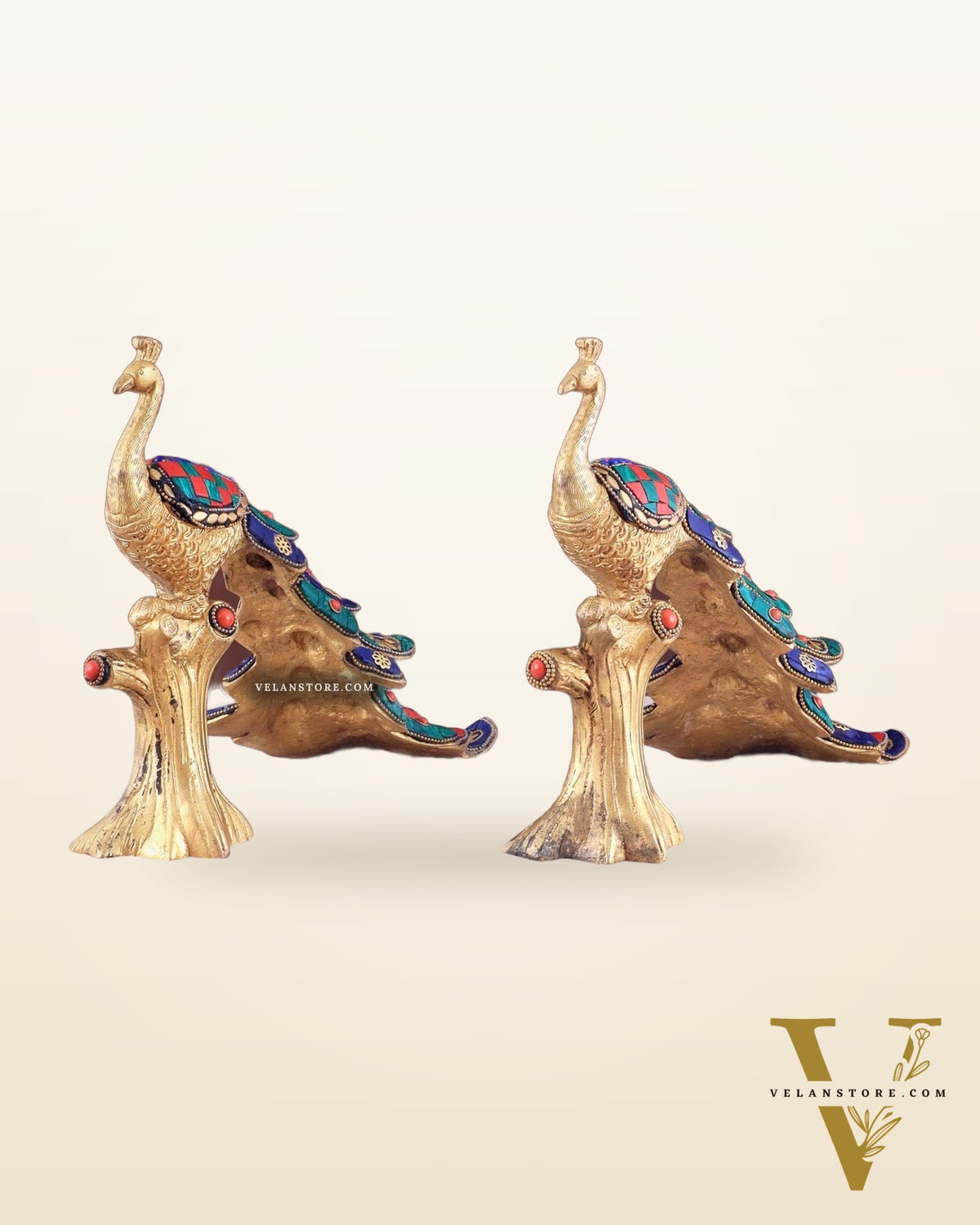 Brass peacock showpiece 12 inch multicolour stonework