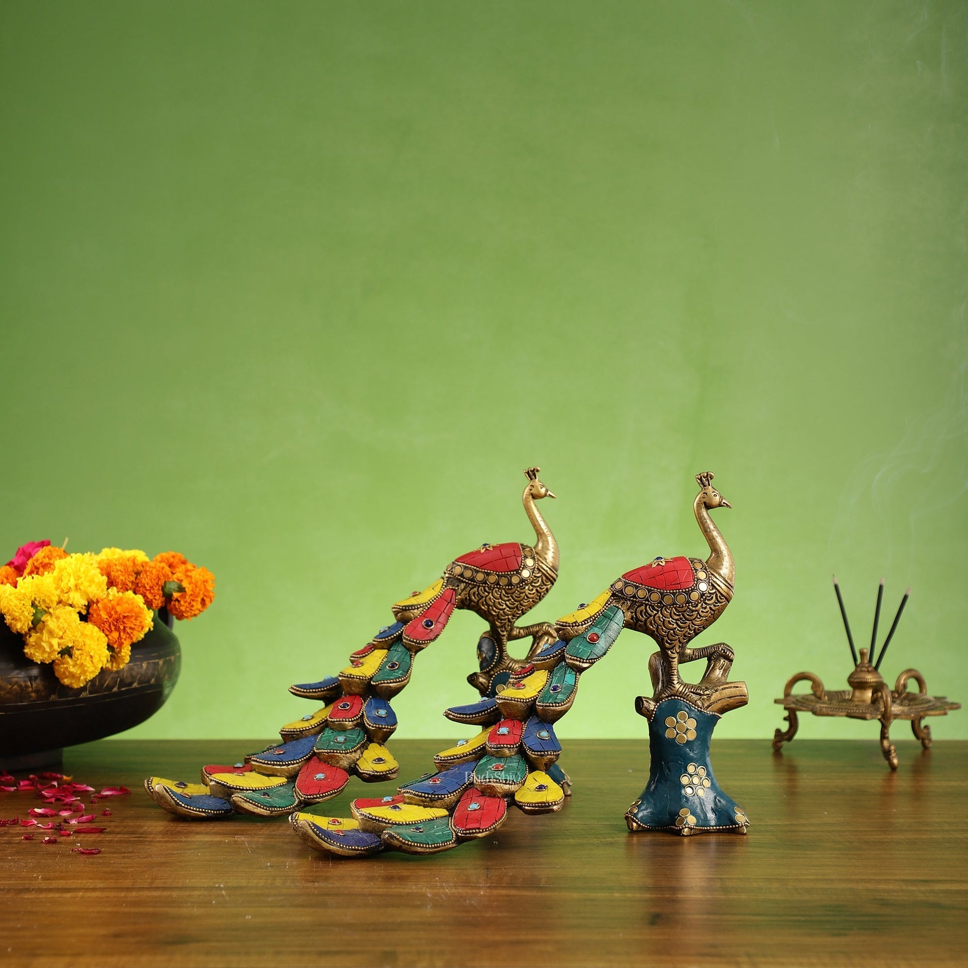 Brass peacock showpiece 12 inch multicolour stonework