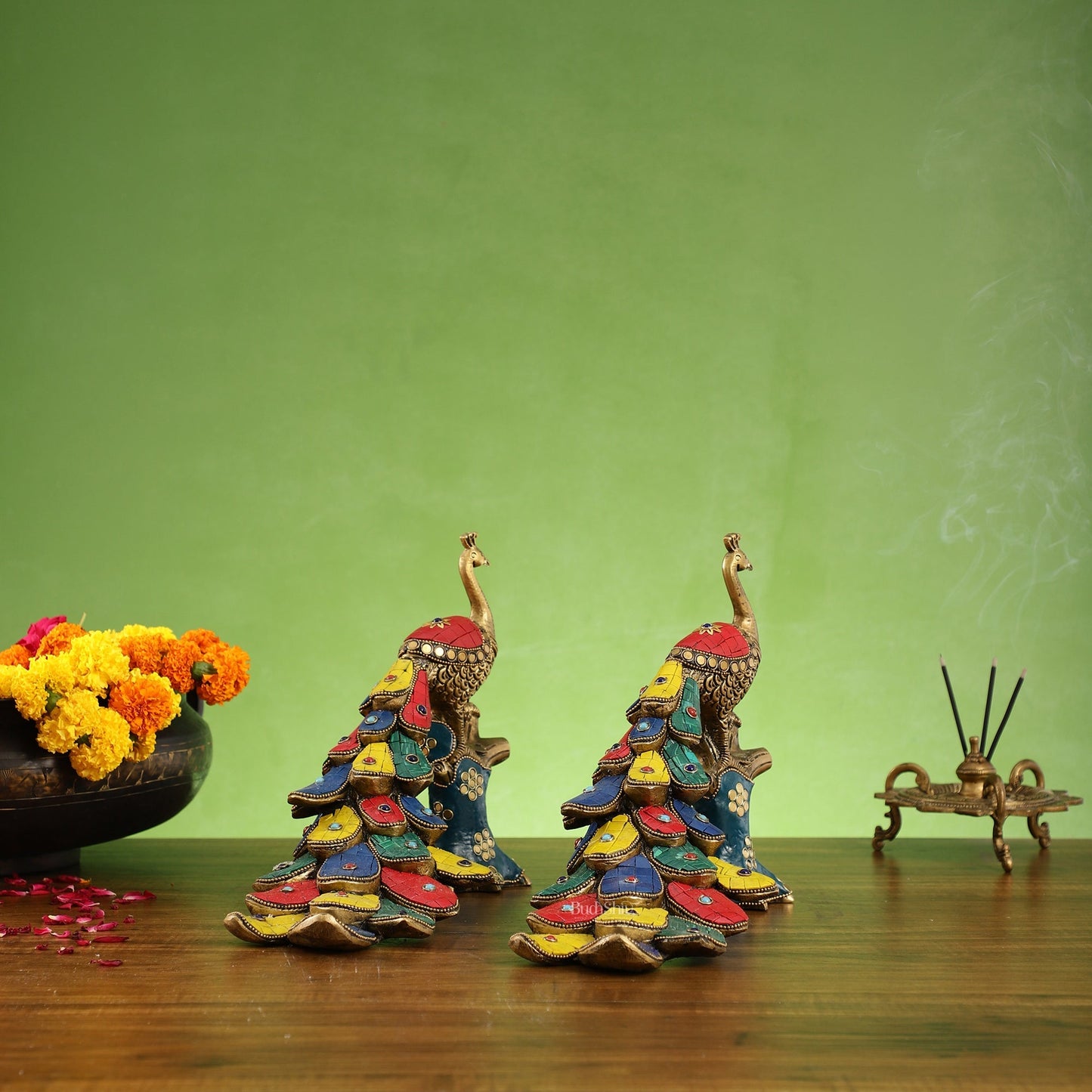 Brass peacock showpiece 12 inch multicolour stonework