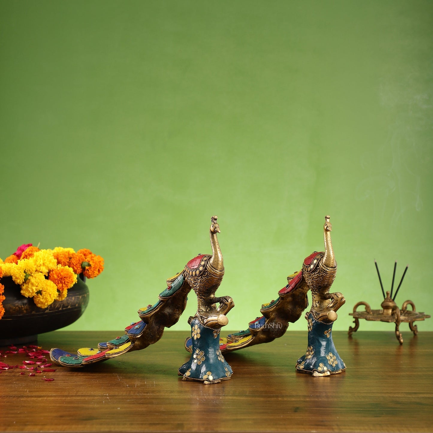 Brass peacock showpiece 12 inch multicolour stonework