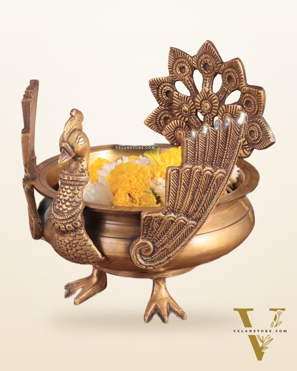 Brass peacock urli antique tone 9"