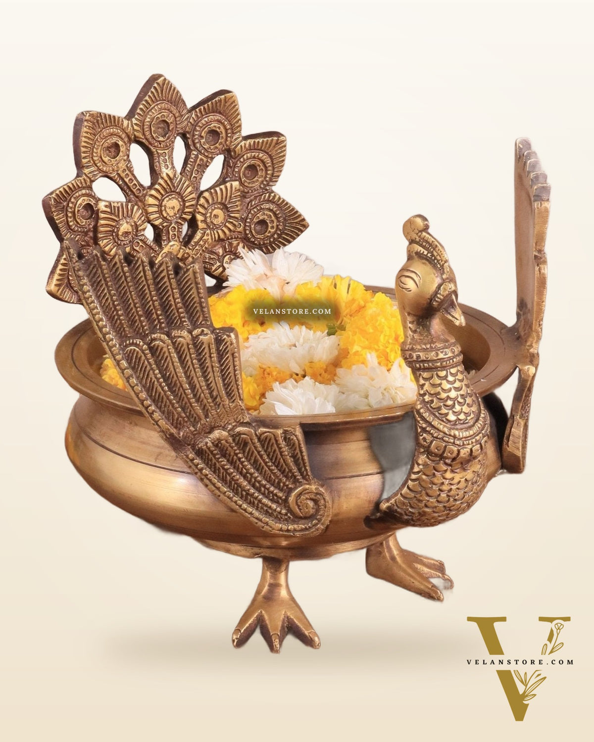 Brass peacock urli antique tone 9"