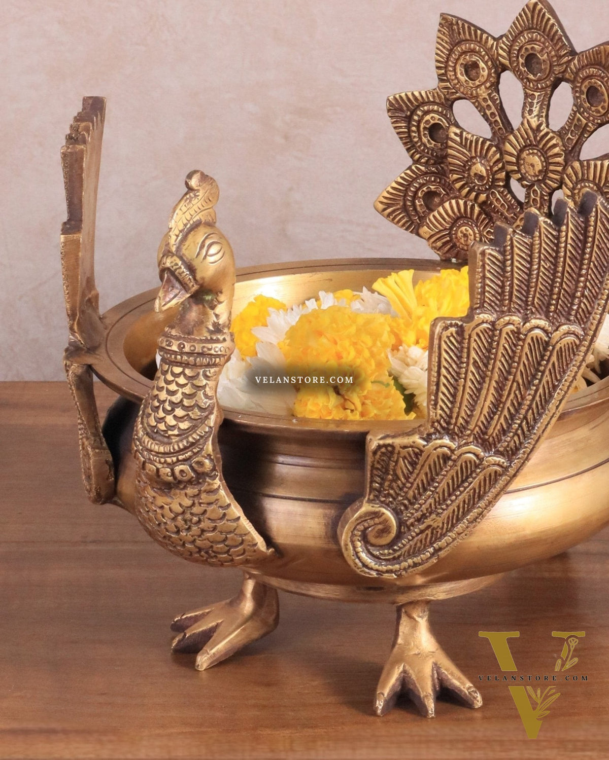 Brass peacock urli antique tone 9"