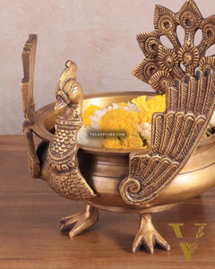 Brass peacock urli antique tone 9"