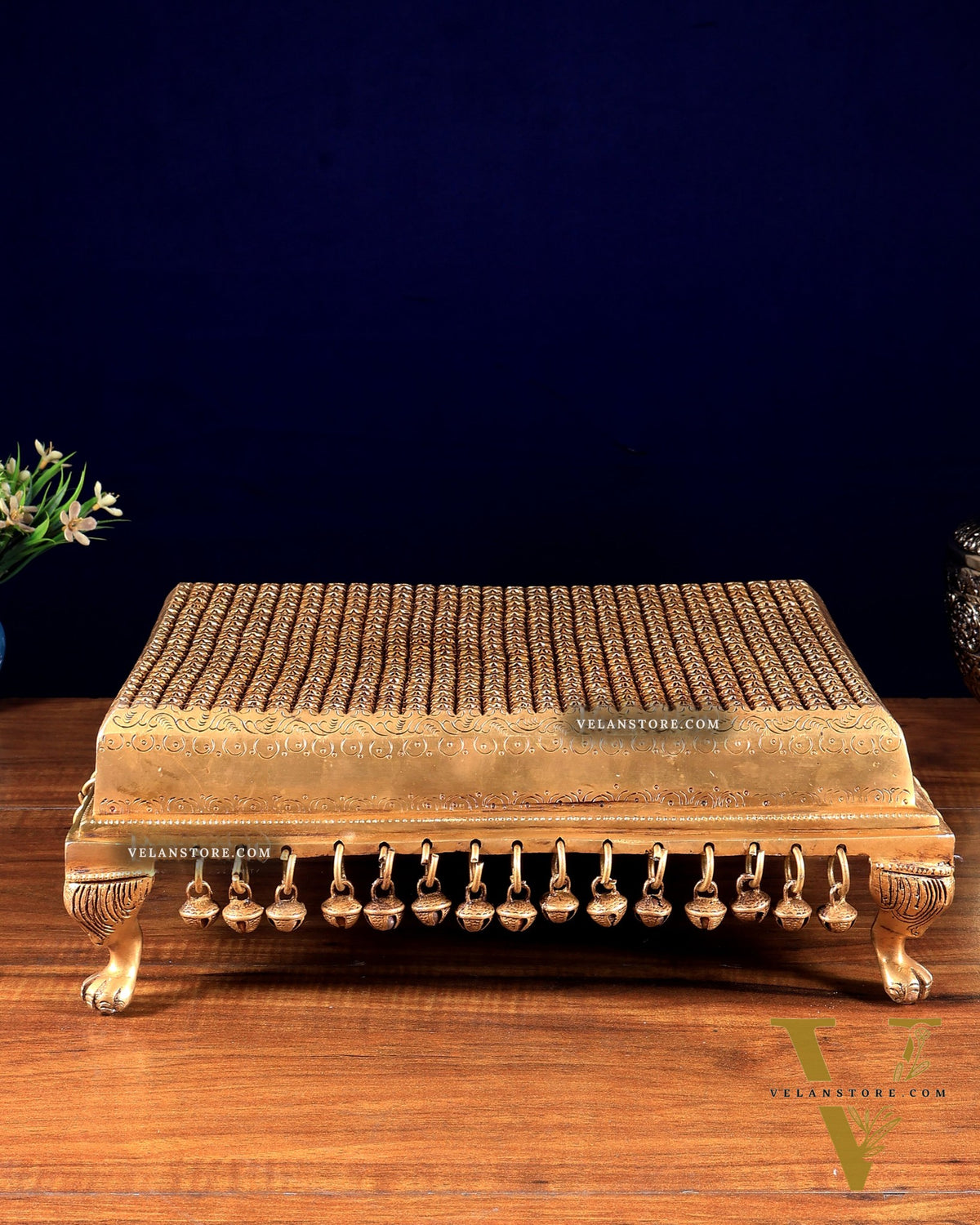 Brass Pooja Chowki Stool with Bells & Ghungroos – Divine Temple Stand 14 inch