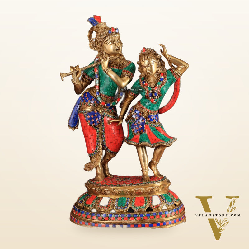 Brass Radha Krishna Dancing together with meenakari 23"