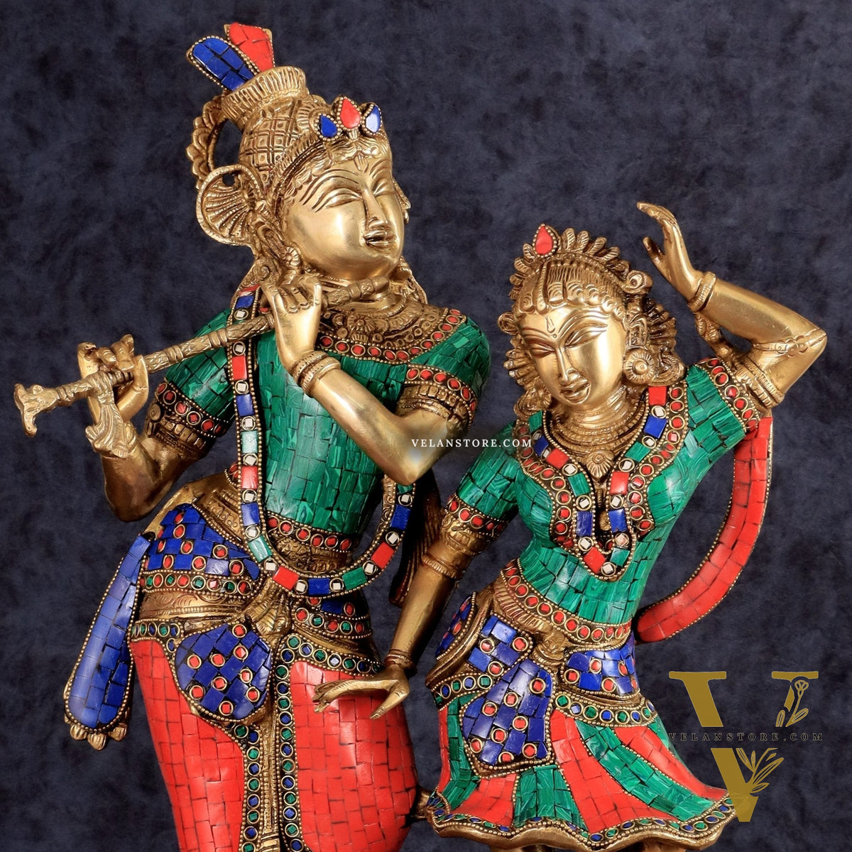 Brass Radha Krishna Dancing together with meenakari 23"