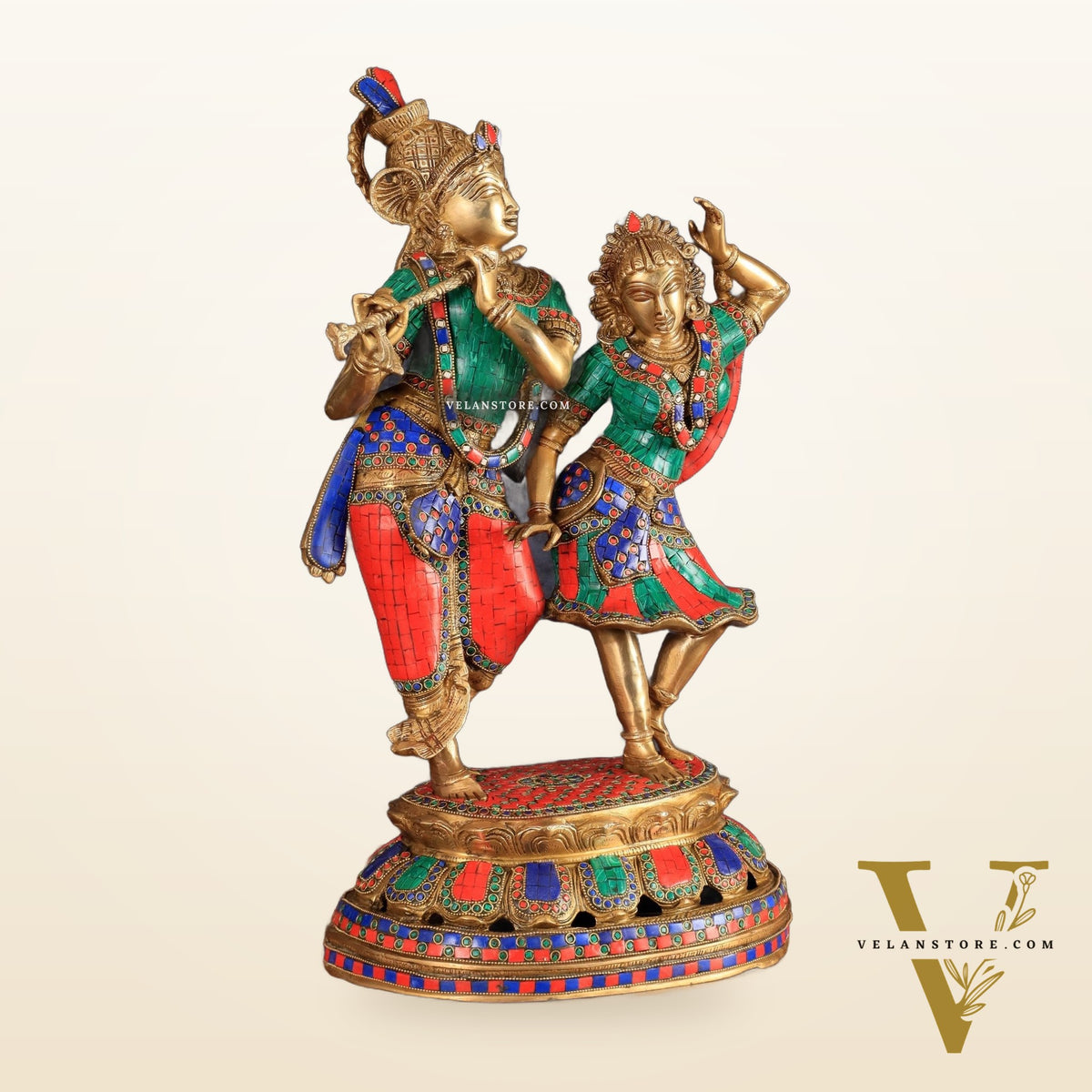 Brass Radha Krishna Dancing together with meenakari 23"