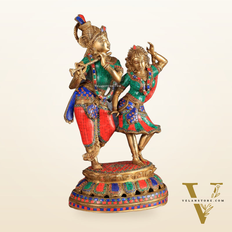 Brass Radha Krishna Dancing together with meenakari 23"
