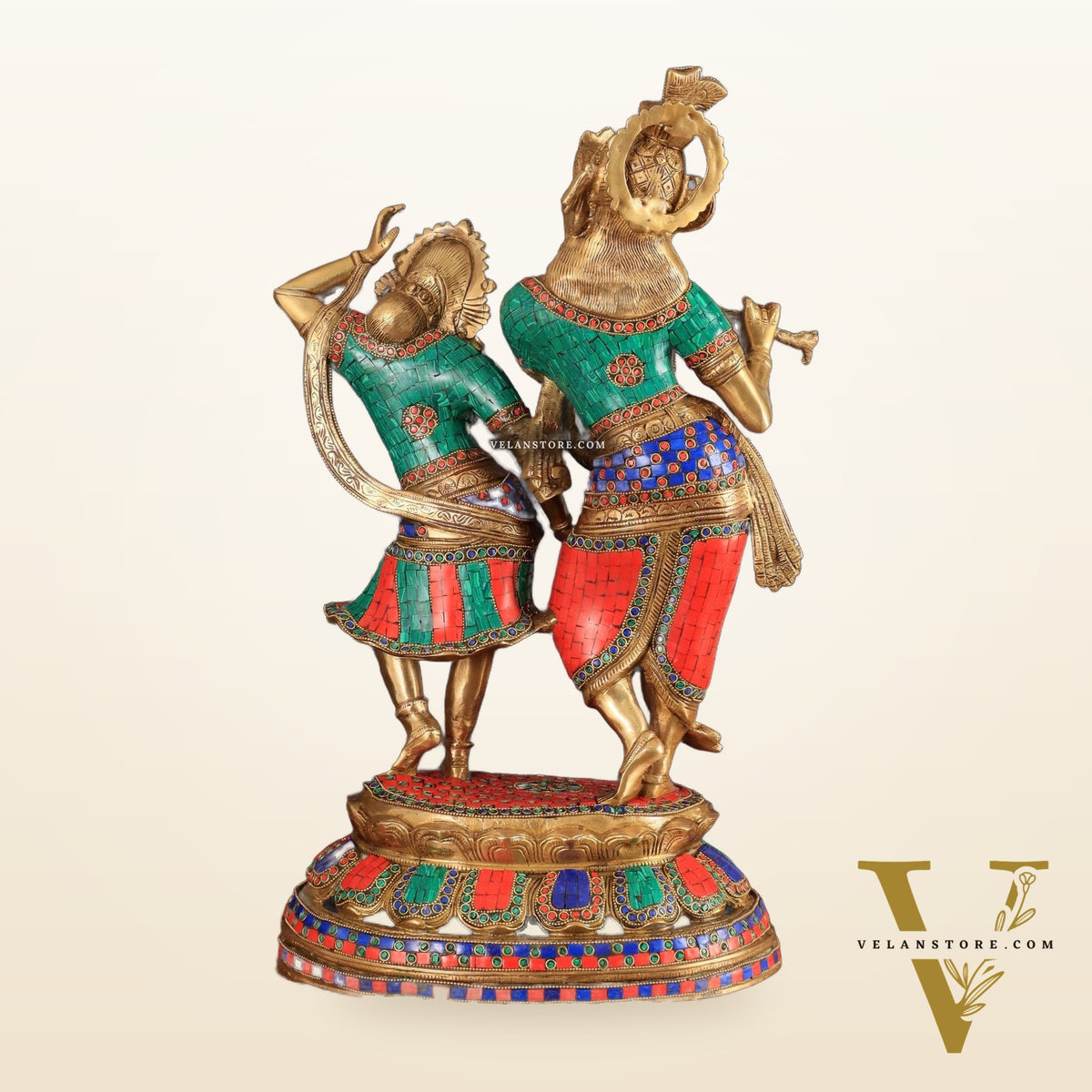 Brass Radha Krishna Dancing together with meenakari 23"