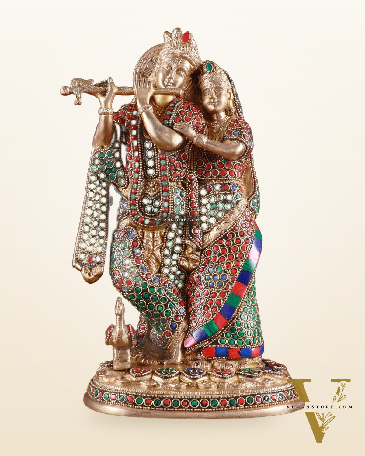 Brass Radha Krishna Idol 12 inch multicolour stonework