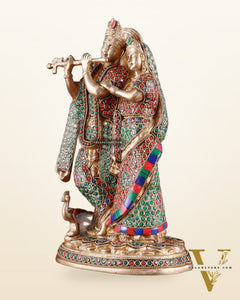 Brass Radha Krishna Idol 12 inch multicolour stonework