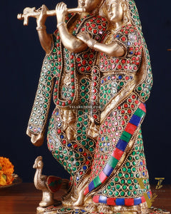 Brass Radha Krishna Idol 12 inch multicolour stonework