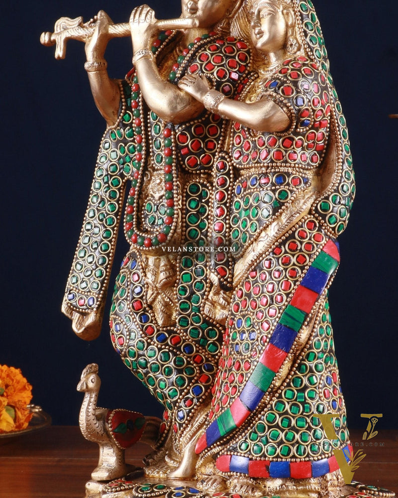 Brass Radha Krishna Idol 12 inch multicolour stonework