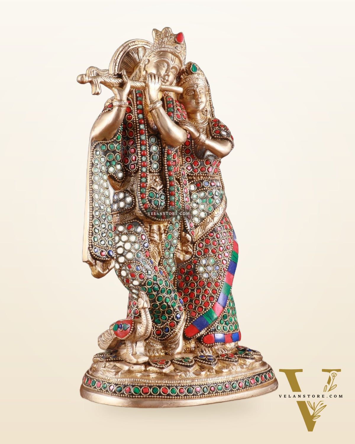 Brass Radha Krishna Idol 12 inch multicolour stonework