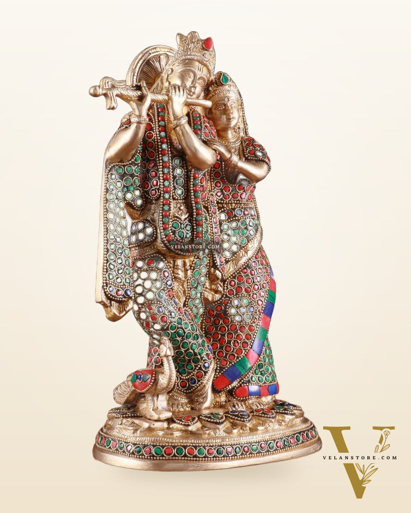Brass Radha Krishna Idol 12 inch multicolour stonework