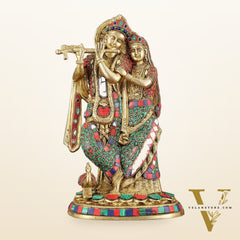 Brass Radha Krishna Idol 12 inch with stonework