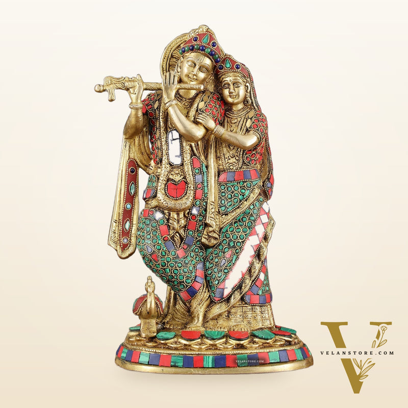Brass Radha Krishna Idol 12 inch with stonework