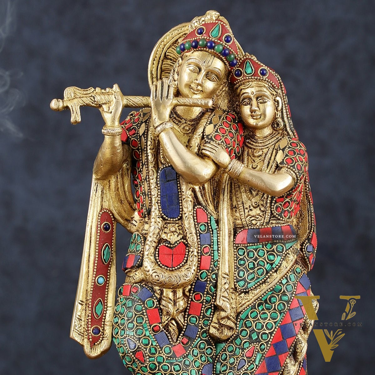 Brass Radha Krishna Idol 12 inch with stonework
