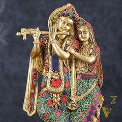Brass Radha Krishna Idol 12 inch with stonework