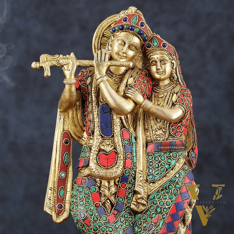 Brass Radha Krishna Idol 12 inch with stonework