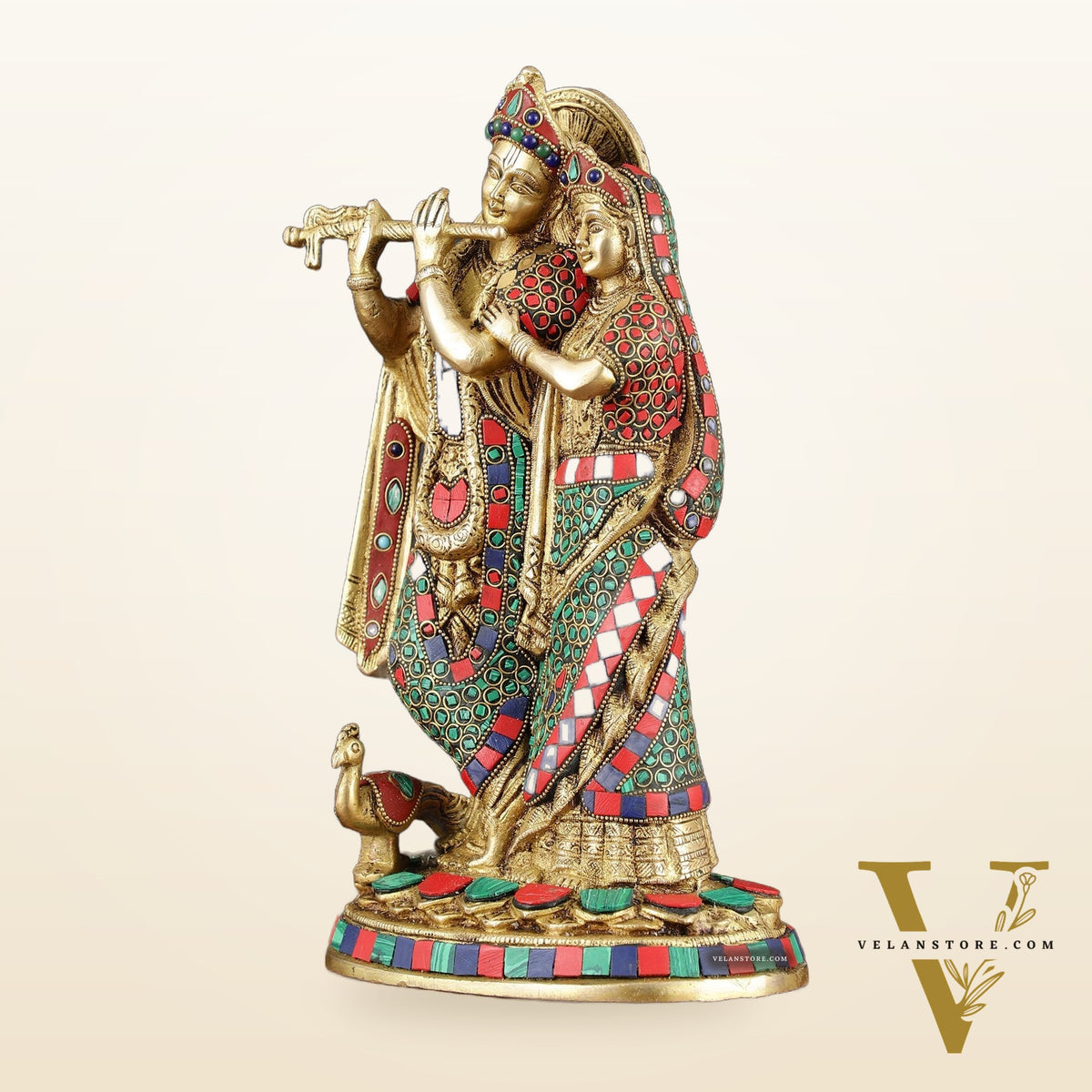 Brass Radha Krishna Idol 12 inch with stonework