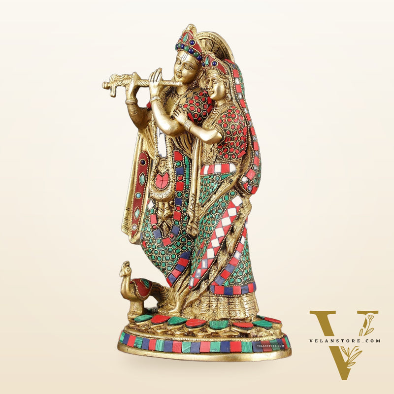 Brass Radha Krishna Idol 12 inch with stonework