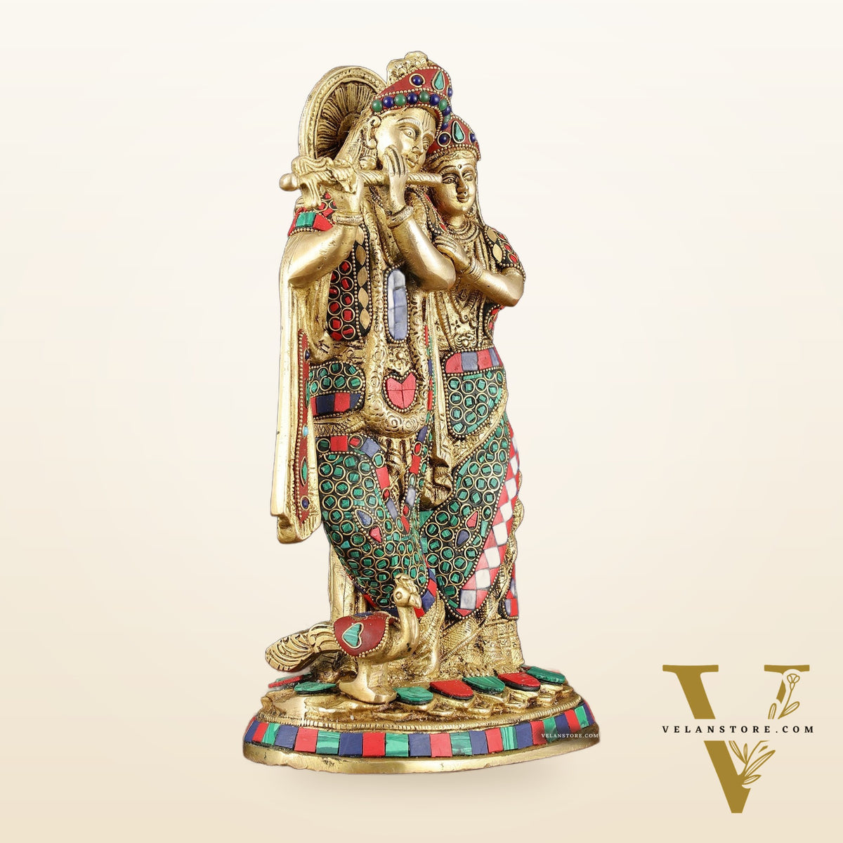 Brass Radha Krishna Idol 12 inch with stonework