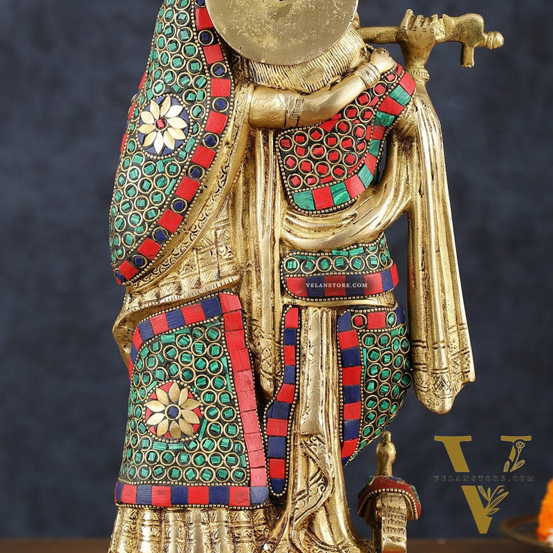 Brass Radha Krishna Idol 12 inch with stonework