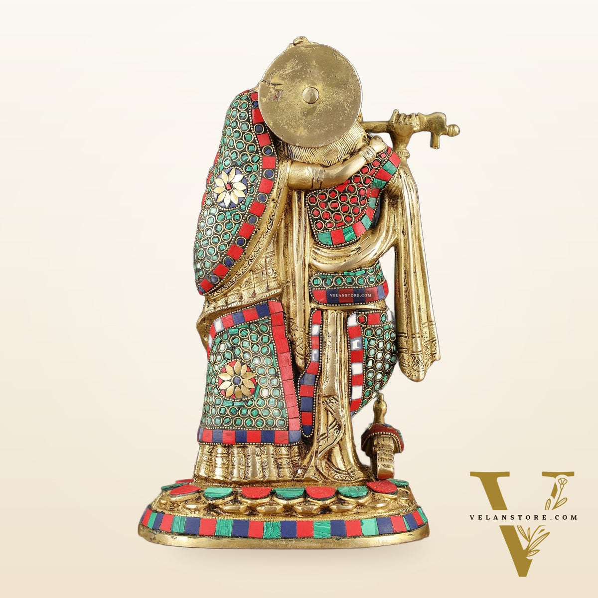 Brass Radha Krishna Idol 12 inch with stonework