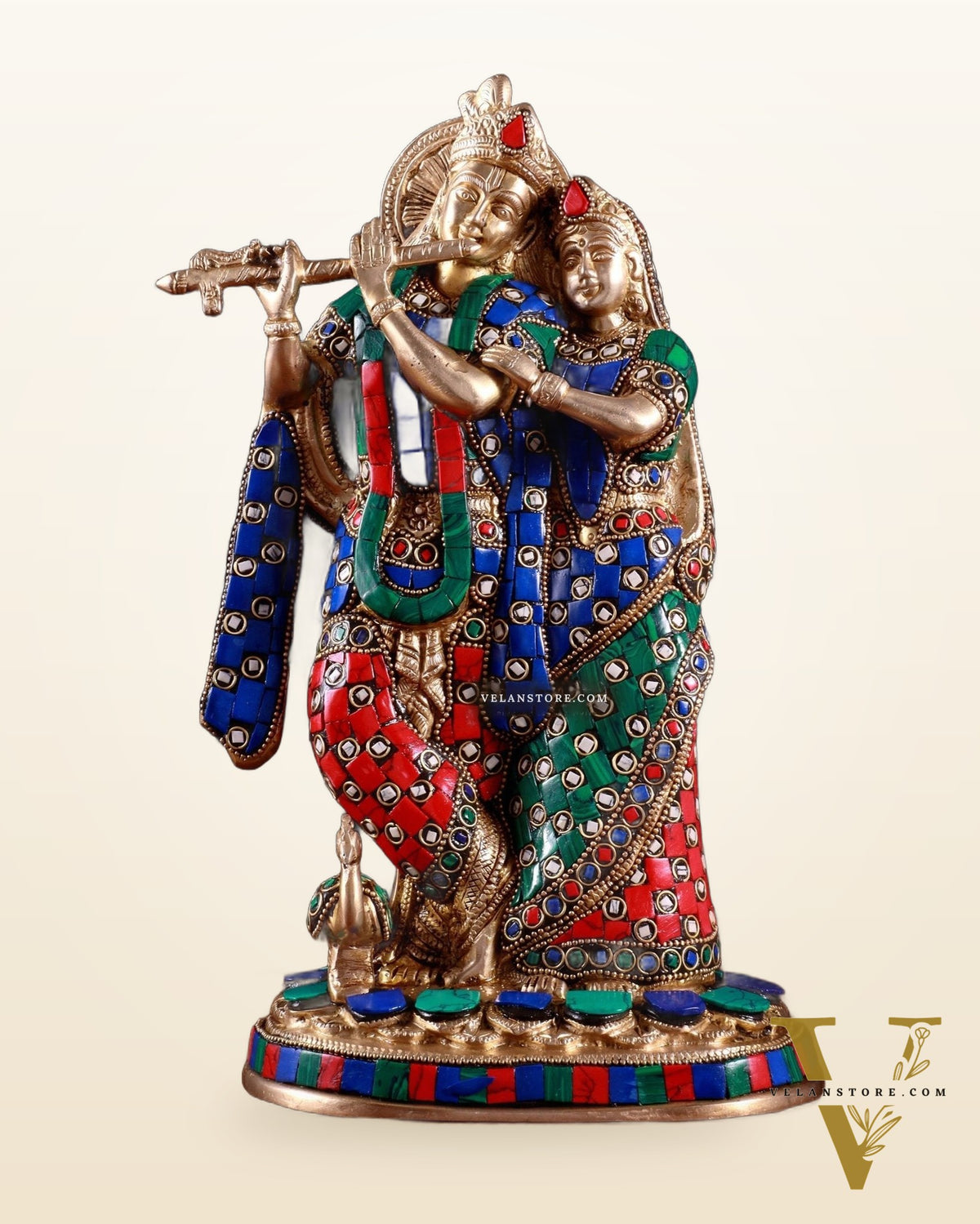 Brass Radha Krishna Idol 12 stonework