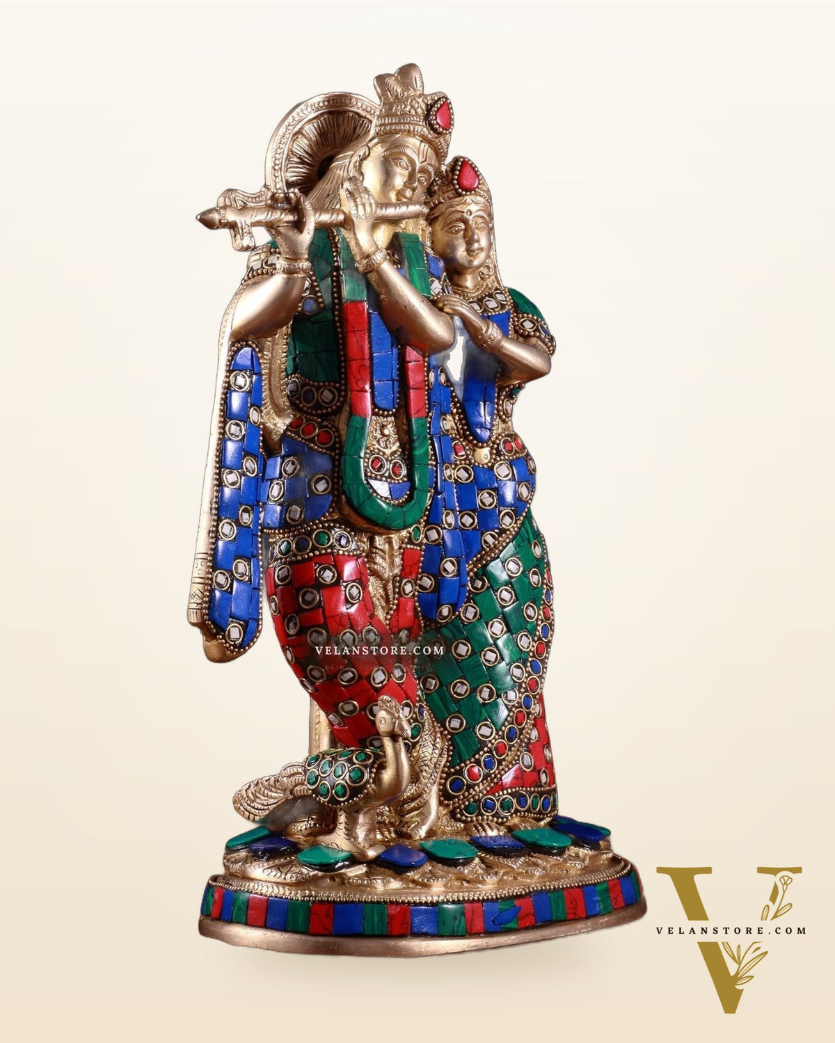Brass Radha Krishna Idol 12 stonework