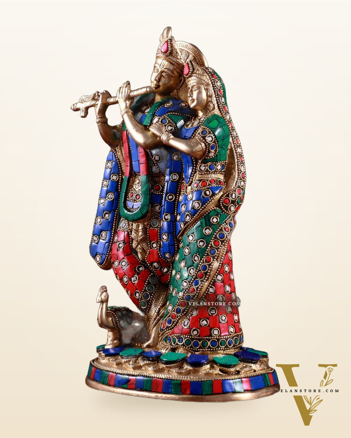 Brass Radha Krishna Idol 12 stonework