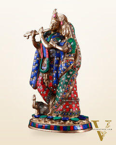 Brass Radha Krishna Idol 12 stonework