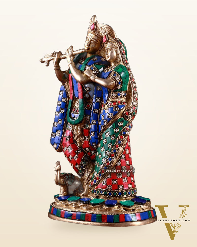 Brass Radha Krishna Idol 12 stonework
