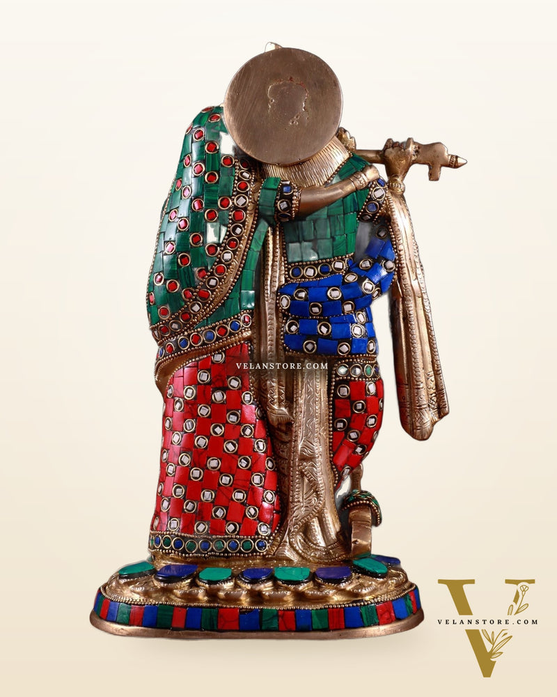 Brass Radha Krishna Idol 12 stonework