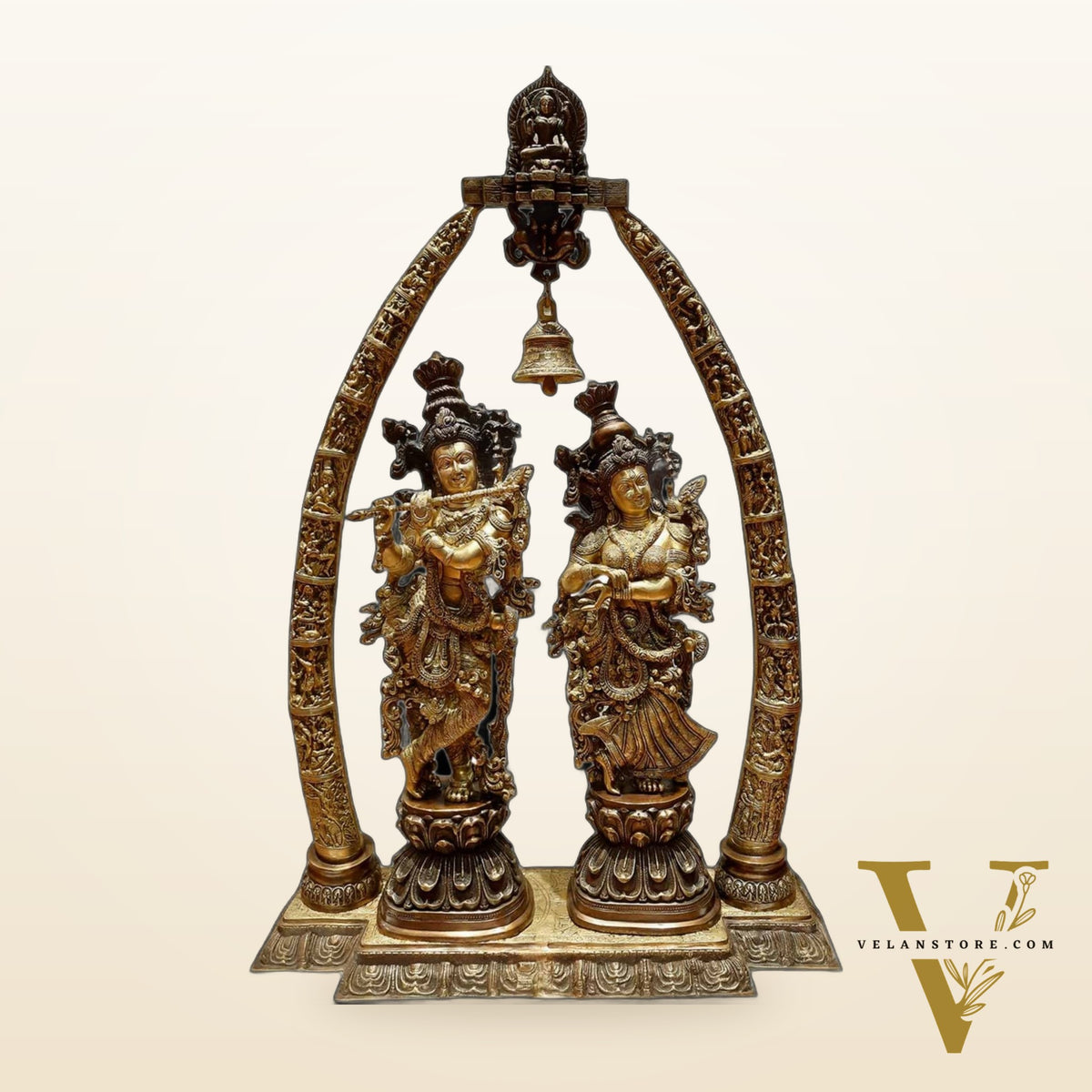 Brass Radha Krishna Idols with Engraved Krishna Leela Pillars  45"