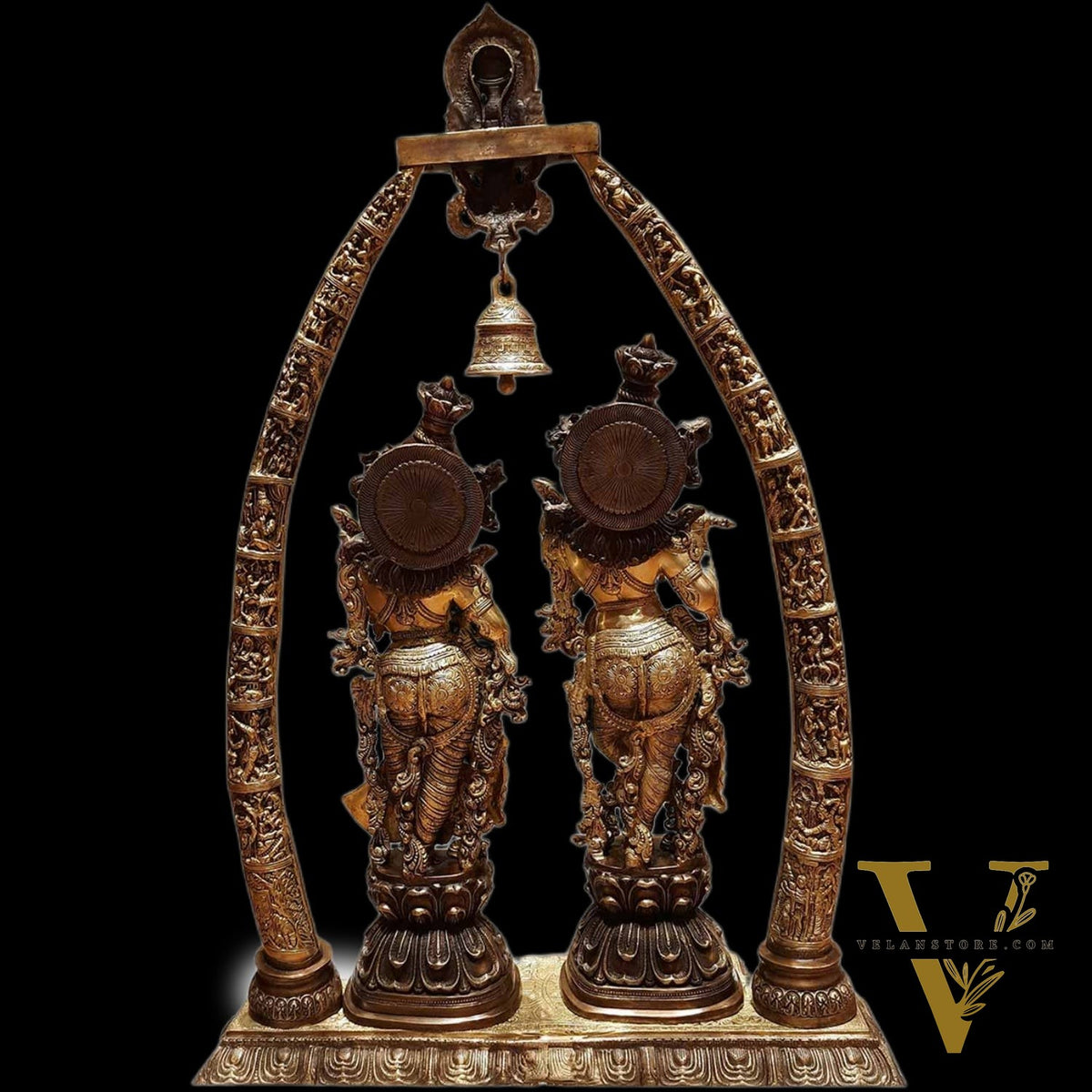 Brass Radha Krishna Idols with Engraved Krishna Leela Pillars  45"