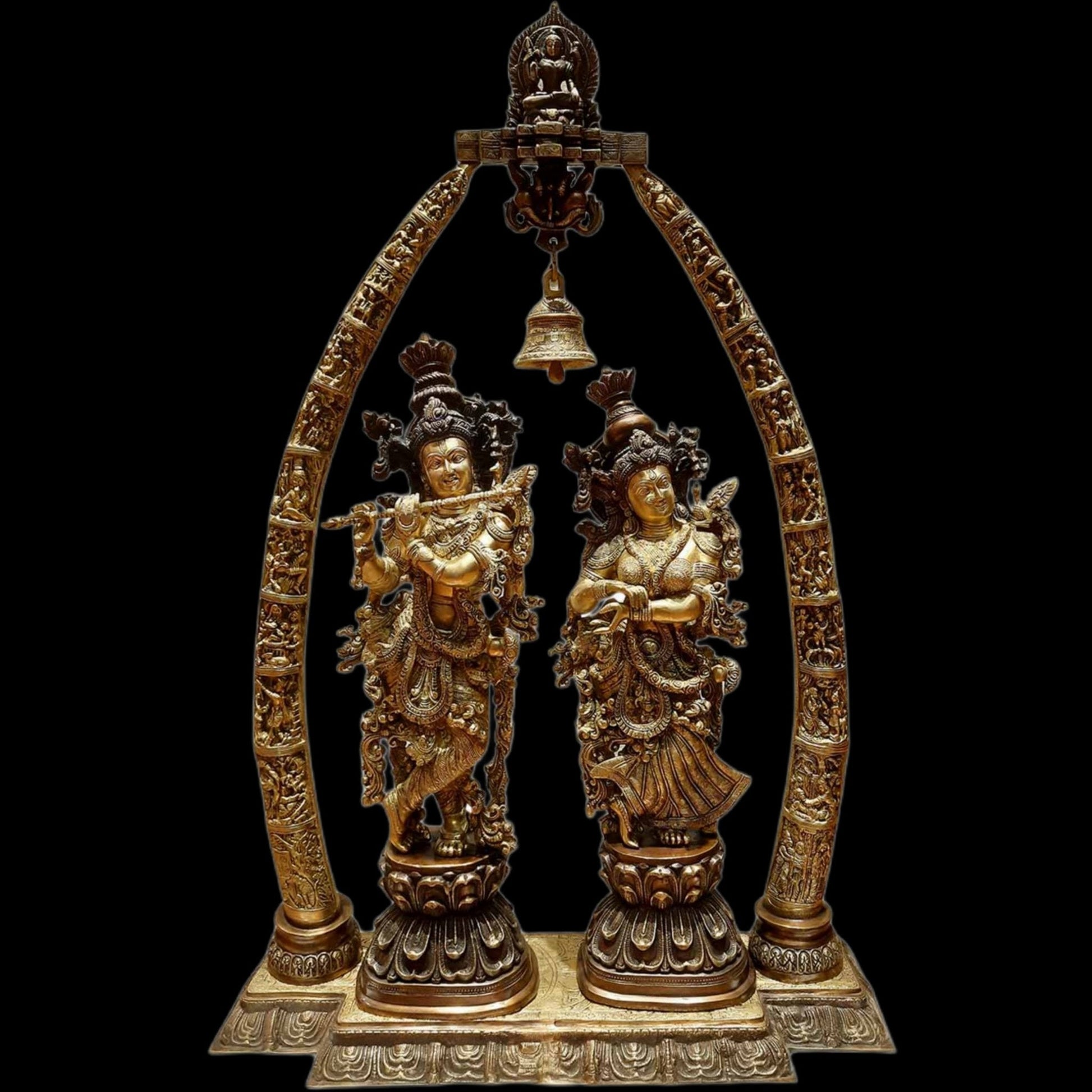 Brass Radha Krishna Idols with Engraved Krishna Leela Pillars  45"