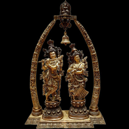 Brass Radha Krishna Idols with Engraved Krishna Leela Pillars  45"